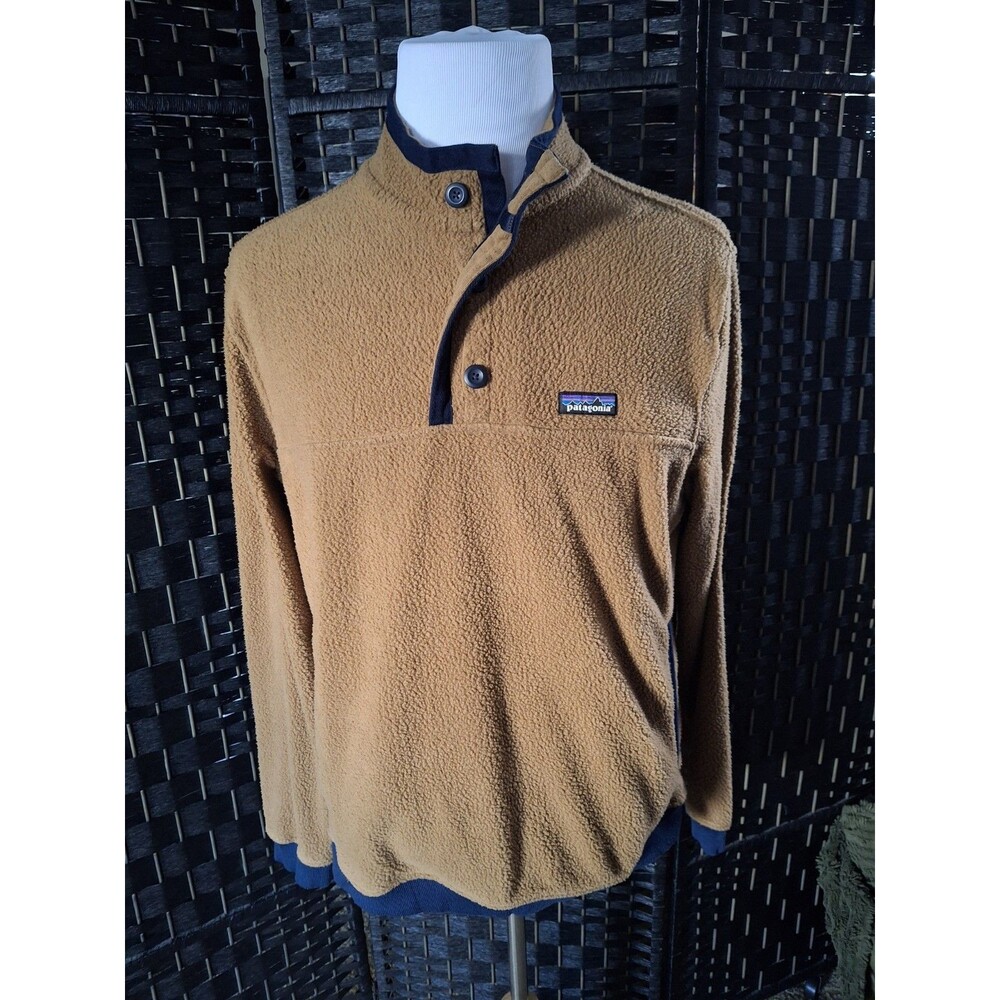 Patagonia Shearling Pullover Button Fleece Mens Large Brown Blue Outdoors Hiking